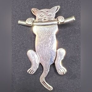 Vintage Cat Kitty Hanging from a Branch Silver Plated Brooch / Pin